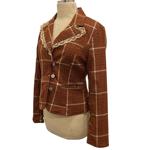 Y2K Plaid Blazer With Lace Trim Collar - Picture 7 of 11